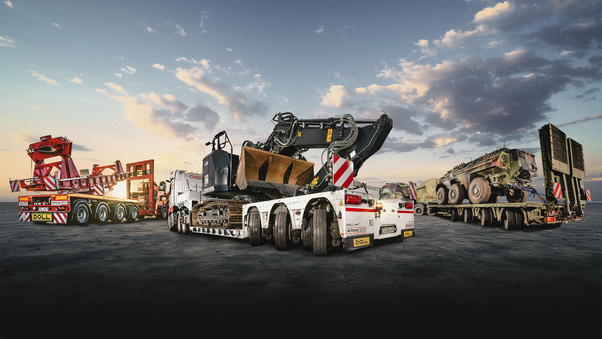 Schwertransport mit Tiefladern, die Baumaschinen und Militärfahrzeuge unter dramatischem Himmel befördern.