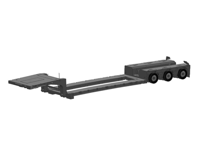 Technische Seitenansicht eines schwarzen Tiefladers mit drei Achsen hinten, geeignet für Schwertransporte.