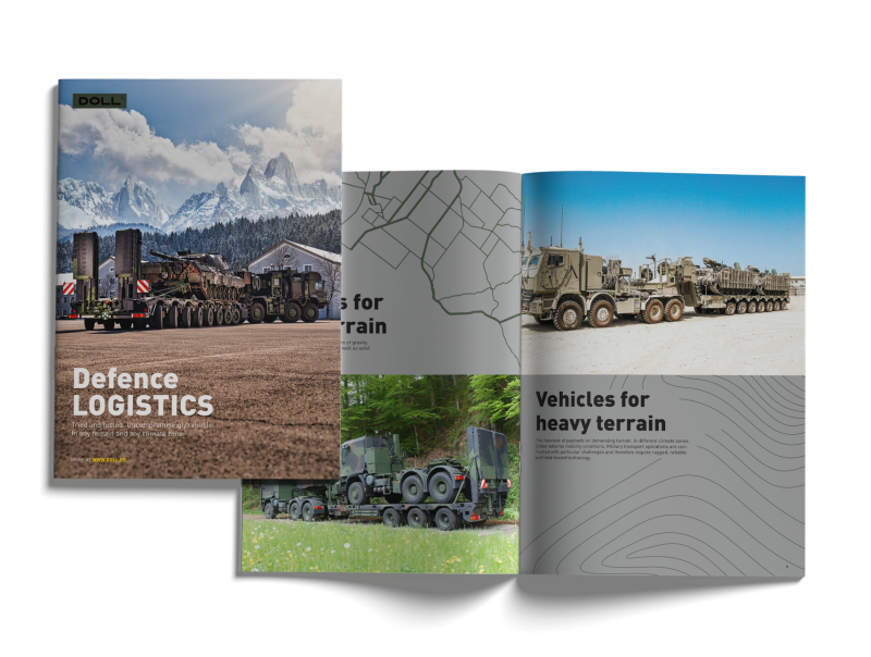 Brochure for defense logistics with military heavy-duty transporters and off-road vehicles on roads and in terrain.