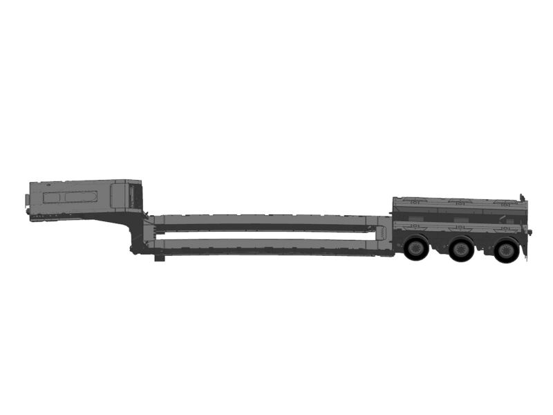 Technische Seitenansicht eines schwarzen Tiefladers mit drei Achsen hinten, geeignet für Schwertransporte.